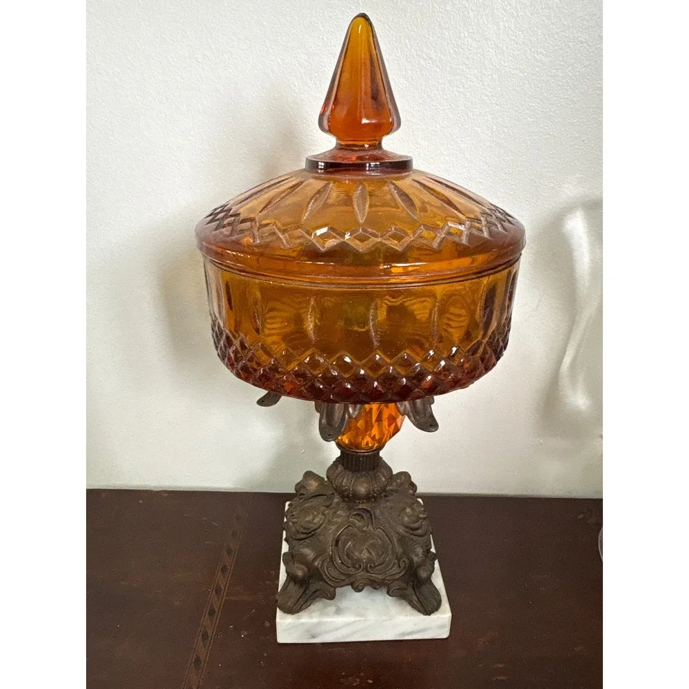 Vintage Amber Glass Hollywood Regency Candy Dish Ornate Metal Marble Base
